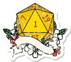 natural one d20 dice roll grunge sticker vector