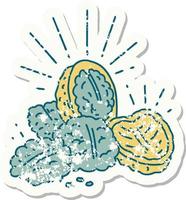 grunge sticker of tattoo style walnuts with shell vector