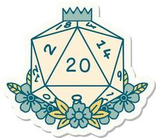 natural 20 D20 dice roll with floral elements sticker vector