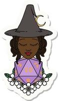 sticker of a human witch with natural twenty dice roll vector