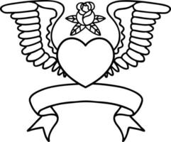 traditional black linework tattoo with banner of a heart with wings vector