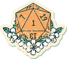 Retro Tattoo Style natural one dice roll with floral elements vector