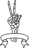 tattoo with banner of a skeleton hand giving a peace sign vector