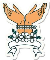 tattoo sticker with banner of hands tied vector