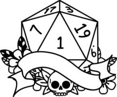 Black and White Tattoo linework Style natural one d20 dice roll vector