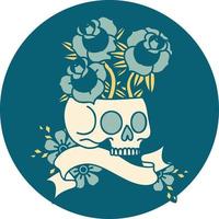 tattoo style icon with banner of a skull and roses vector