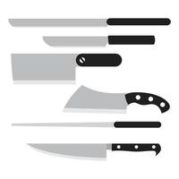 Types of vector kitchen knives, Meat cutting ax, stainless steel cleaver and paring knife with black handle, bread and barbecue knife