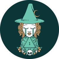 crying human witch with natural one D20 dice roll icon vector