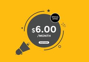 6 USD Dollar Month sale promotion Banner. Special offer, 6 dollar month, shop now button vector