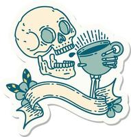 tattoo style sticker with banner of a skull drinking coffee vector