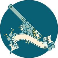 tattoo style icon with banner of a cleaver and flowers vector