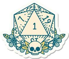 sticker of a natural one dice roll with floral elements vector