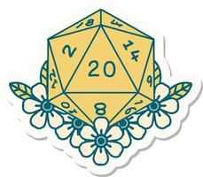 sticker of a natural 20 D20 dice roll with floral elements vector