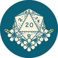 Retro Tattoo Style natural 20 D20 dice roll with floral elements vector