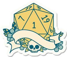 sticker of a natural one d20 dice roll vector