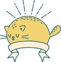 scroll banner with tattoo style happy cat vector