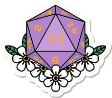 sticker of a natural 20 D20 dice roll with floral elements vector