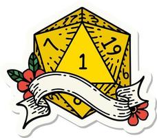 sticker of a natural one d20 dice roll vector