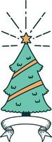 scroll banner with tattoo style christmas tree with star vector