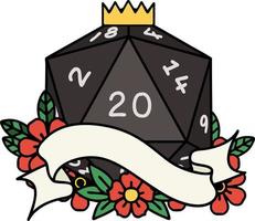 Retro Tattoo Style natural twenty D20 dice roll vector