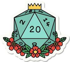 sticker of a natural 20 D20 dice roll with floral elements vector