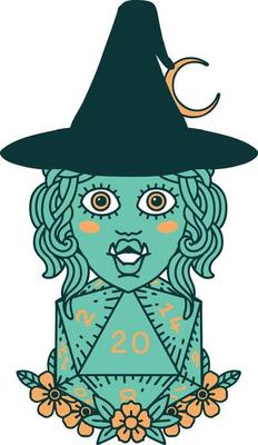 Retro Tattoo Style half orc witch with natural twenty dice roll