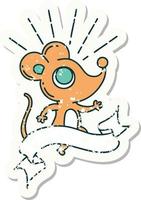 worn old sticker of a tattoo style mouse character vector