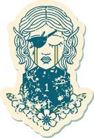 Retro Tattoo Style crying elf rogue character face with natural one D20 roll vector