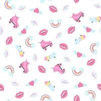Seamless pattern with retro roller skates, lips, rainbow, heart with wings, mystical eye. Vintage texture in 80s 90s girly style vector