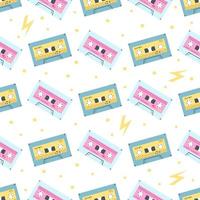 Seamless pattern with cassete tapes in 1990s style. Vector illustration of audio mixtape, groovy print, nostalgia 1990 for wrapping paper, wallpaper, fabric design