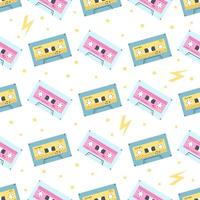 Seamless pattern with cassete tapes in 1990s style. Vector illustration of audio mixtape, groovy print, nostalgia 1990 for wrapping paper, wallpaper, fabric design