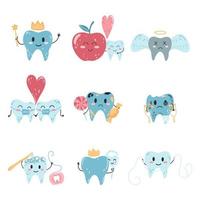 conjunto dibujado a mano de personajes de dientes kawaii en estilo plano de dibujos animados. ilustración vectorial de dientes sanos y enfermos para pegatinas, diseño web, afiche infantil, postal, estampado de tela vector