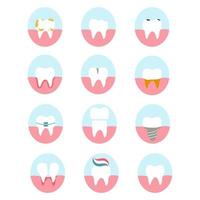 Set of teeth icons. Vector illustration of various dental diseases and tooth condition, as caries, crack, split, implant, gingivitis, wisdom tooth for brochure, banner, dental clinic, logo