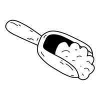 Doodle wooden scoop with flour. Sketch outline vector illustration of cereals, sugar, powder, coconut flakes