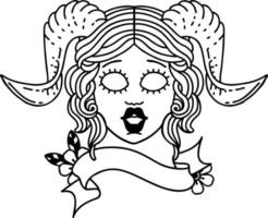 cara de personaje de tiefling de estilo de línea de tatuaje en blanco y negro vector