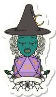 sticker of a half orc witch character with natural 20 dice roll vector