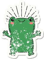 worn old sticker of a tattoo style happy frog vector