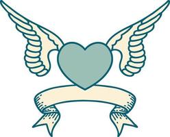 traditional tattoo with banner of a heart with wings vector