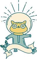 scroll banner with tattoo style cat in astronaut suit vector