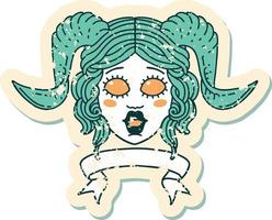 Retro Tattoo Style tiefling character face with scroll banner vector