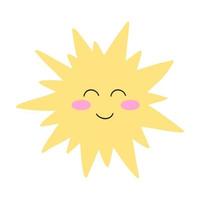 Hand drawn sun icon with happy face. Cartoon vector illustration of sunshine, girly sticker, flat style