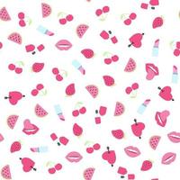 Seamless pattern with heart, lips, cherry, lipstick, strawberry, nail polish in 1980s 1990s style. Vector retro background with pop girly stickers in pink color