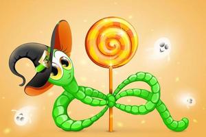 Cute cartoon Funny green worm in Witch hat holding lollipop with flying ghosts. Halloween concept vector