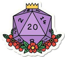 sticker of a natural 20 D20 dice roll with floral elements vector