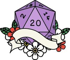 Retro Tattoo Style natural twenty D20 dice roll vector