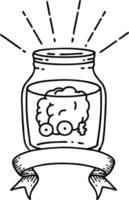 scroll banner with black line work tattoo style brain in jar vector