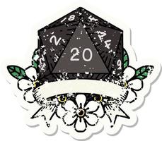 pegatina grunge de una tirada de dados d20 de 20 golpes críticos naturales vector