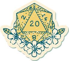 Retro Tattoo Style natural 20 D20 dice roll with floral elements vector