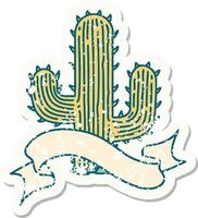 worn old sticker with banner of a cactus vector