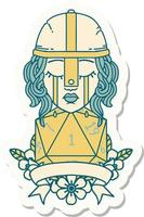 sticker of a crying human fighter with natural one D20 dice vector